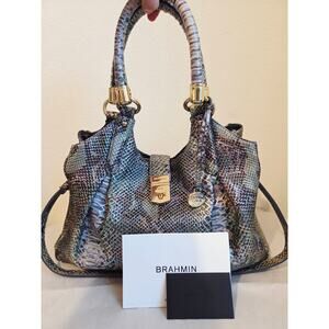 Brahmin Elisa Moonstone Seville Snakeskin Iridescent Leather Large Shoulder Bag